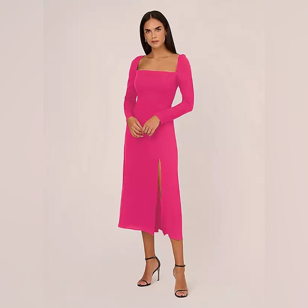 Adrianna Papell Light Crepe Square Neck Midi Dress Hot Orchid